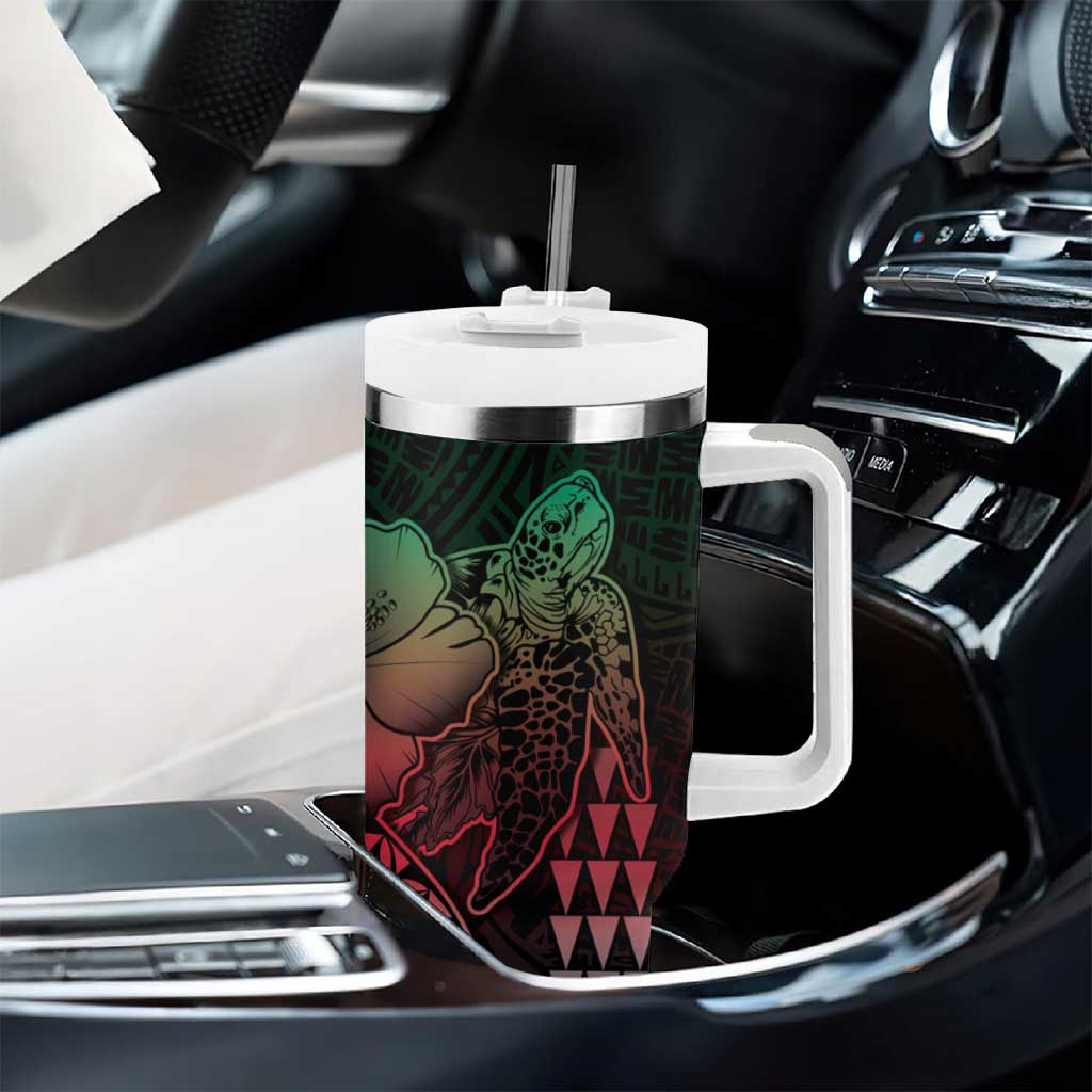 Hawaiian Sea Turtle Tumbler With Handle Green Hibiscus Flowers and Kakau Pattern