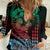 Hawaiian Sea Turtle Women Casual Shirt Green Hibiscus Flowers and Kakau Pattern