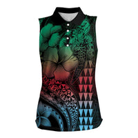 Hawaiian Sea Turtle Women Sleeveless Polo Shirt Green Hibiscus Flowers and Kakau Pattern LT9 Female Green - Polynesian Pride