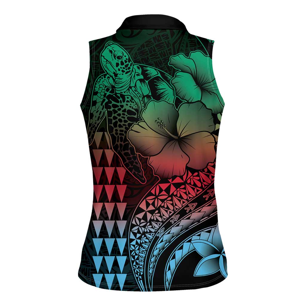 Hawaiian Sea Turtle Women Sleeveless Polo Shirt Green Hibiscus Flowers and Kakau Pattern LT9 - Polynesian Pride