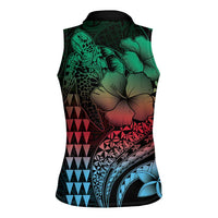 Hawaiian Sea Turtle Women Sleeveless Polo Shirt Green Hibiscus Flowers and Kakau Pattern LT9 - Polynesian Pride