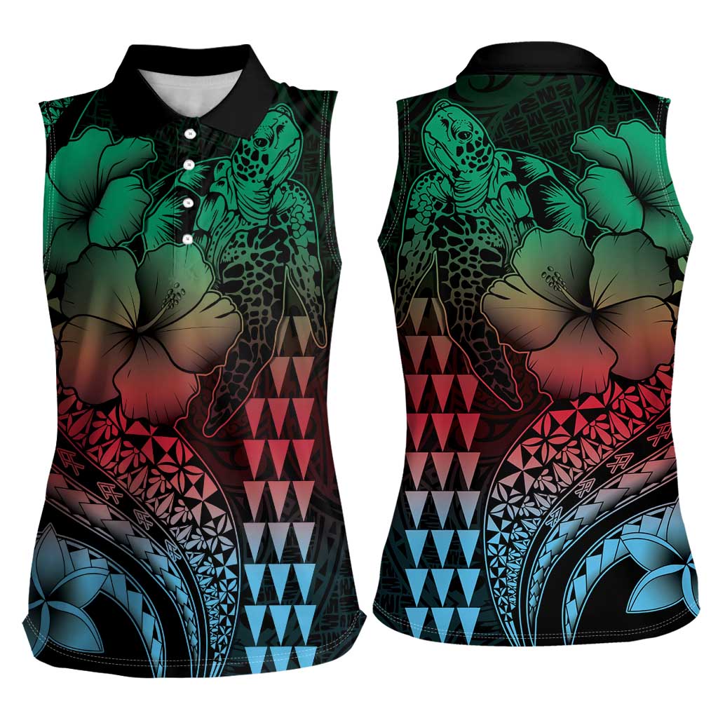 Hawaiian Sea Turtle Women Sleeveless Polo Shirt Green Hibiscus Flowers and Kakau Pattern LT9 - Polynesian Pride