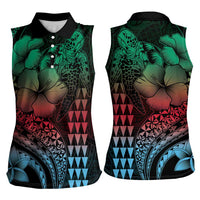 Hawaiian Sea Turtle Women Sleeveless Polo Shirt Green Hibiscus Flowers and Kakau Pattern LT9 - Polynesian Pride