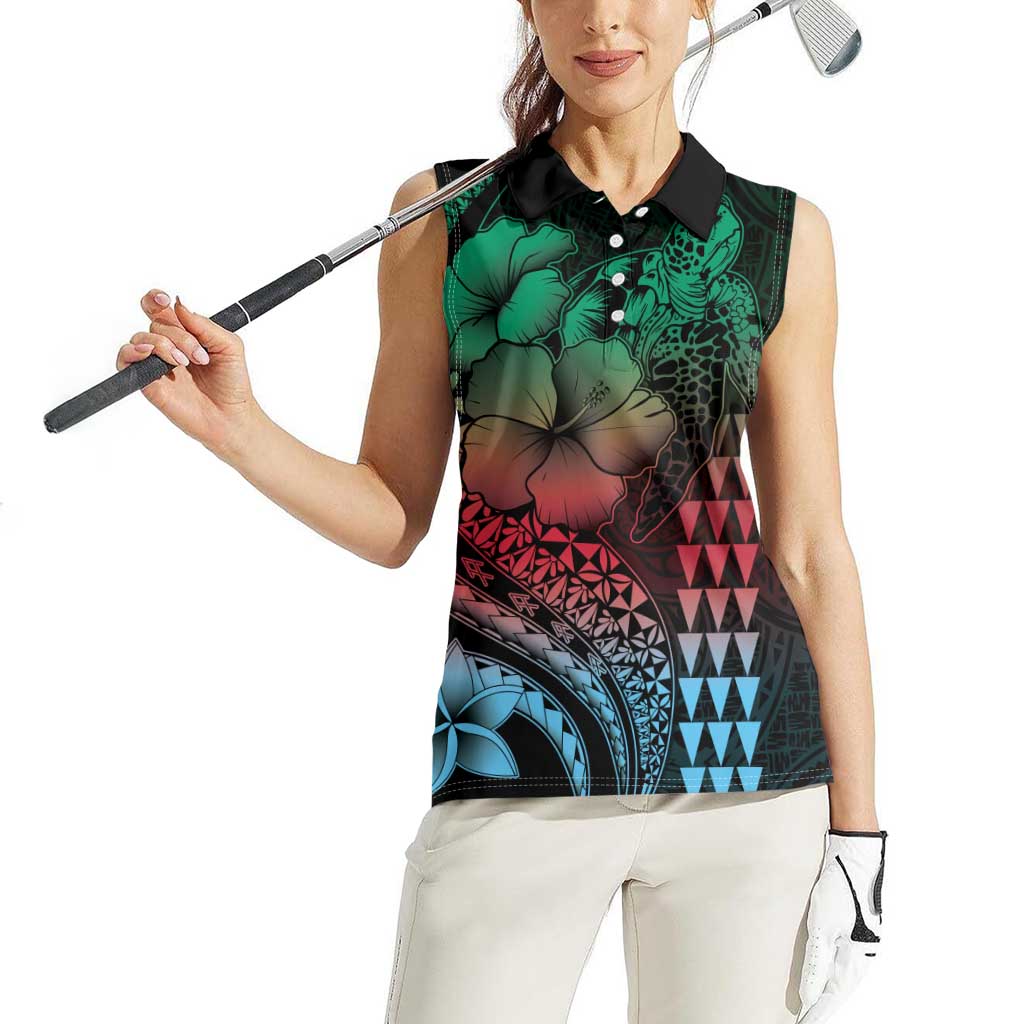 Hawaiian Sea Turtle Women Sleeveless Polo Shirt Green Hibiscus Flowers and Kakau Pattern LT9 - Polynesian Pride