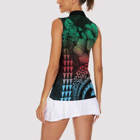 Hawaiian Sea Turtle Women Sleeveless Polo Shirt Green Hibiscus Flowers and Kakau Pattern LT9 - Polynesian Pride
