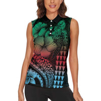 Hawaiian Sea Turtle Women Sleeveless Polo Shirt Green Hibiscus Flowers and Kakau Pattern LT9 - Polynesian Pride