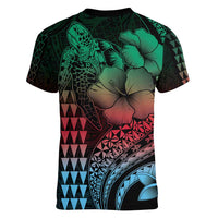 Hawaiian Sea Turtle Women V-Neck T-Shirt Green Hibiscus Flowers and Kakau Pattern LT9 - Polynesian Pride
