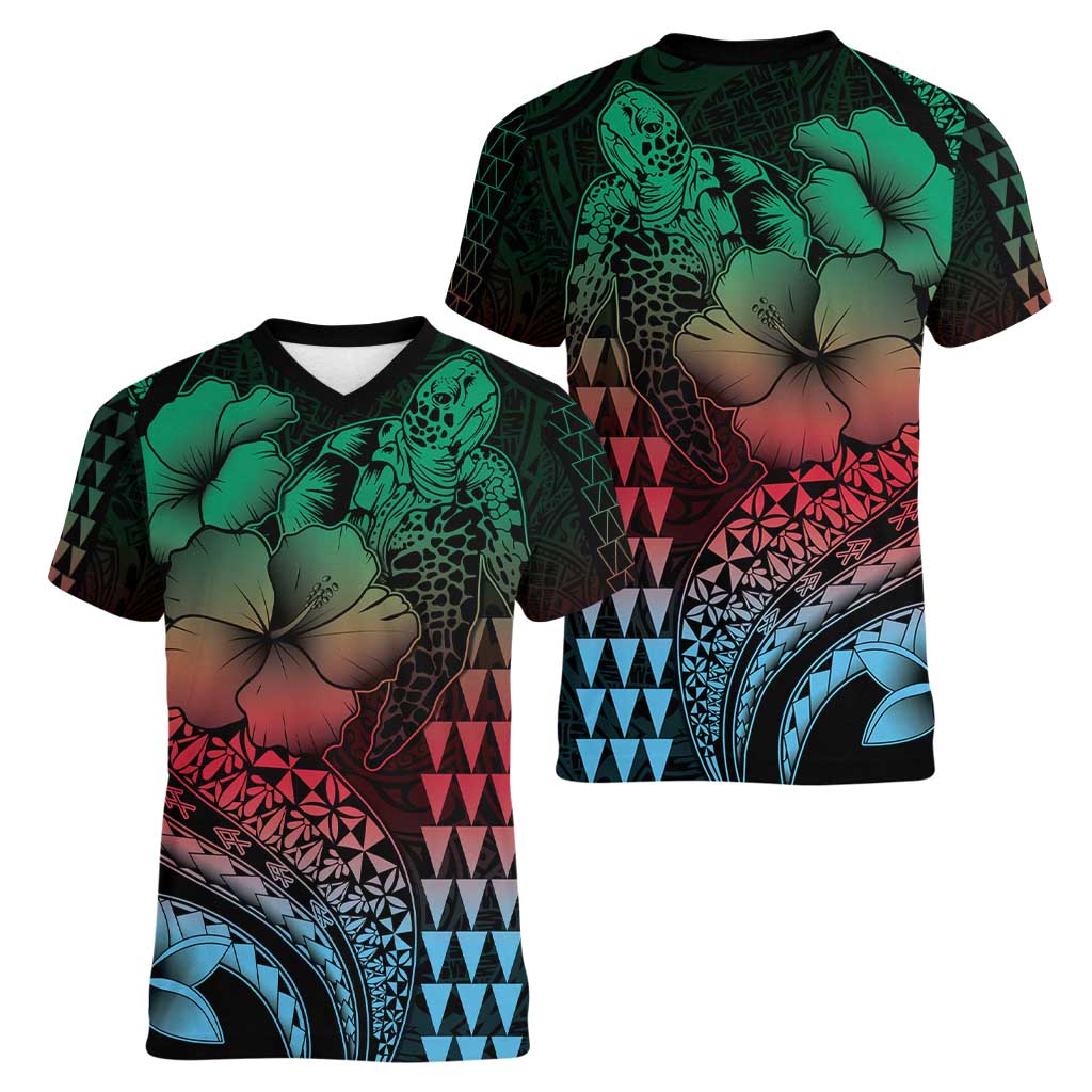Hawaiian Sea Turtle Women V-Neck T-Shirt Green Hibiscus Flowers and Kakau Pattern LT9 - Polynesian Pride