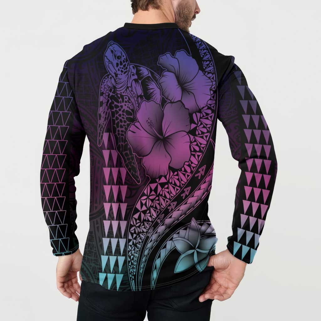 Hawaiian Sea Turtle Button Sweatshirt Pink Hibiscus Flowers and Kakau Pattern