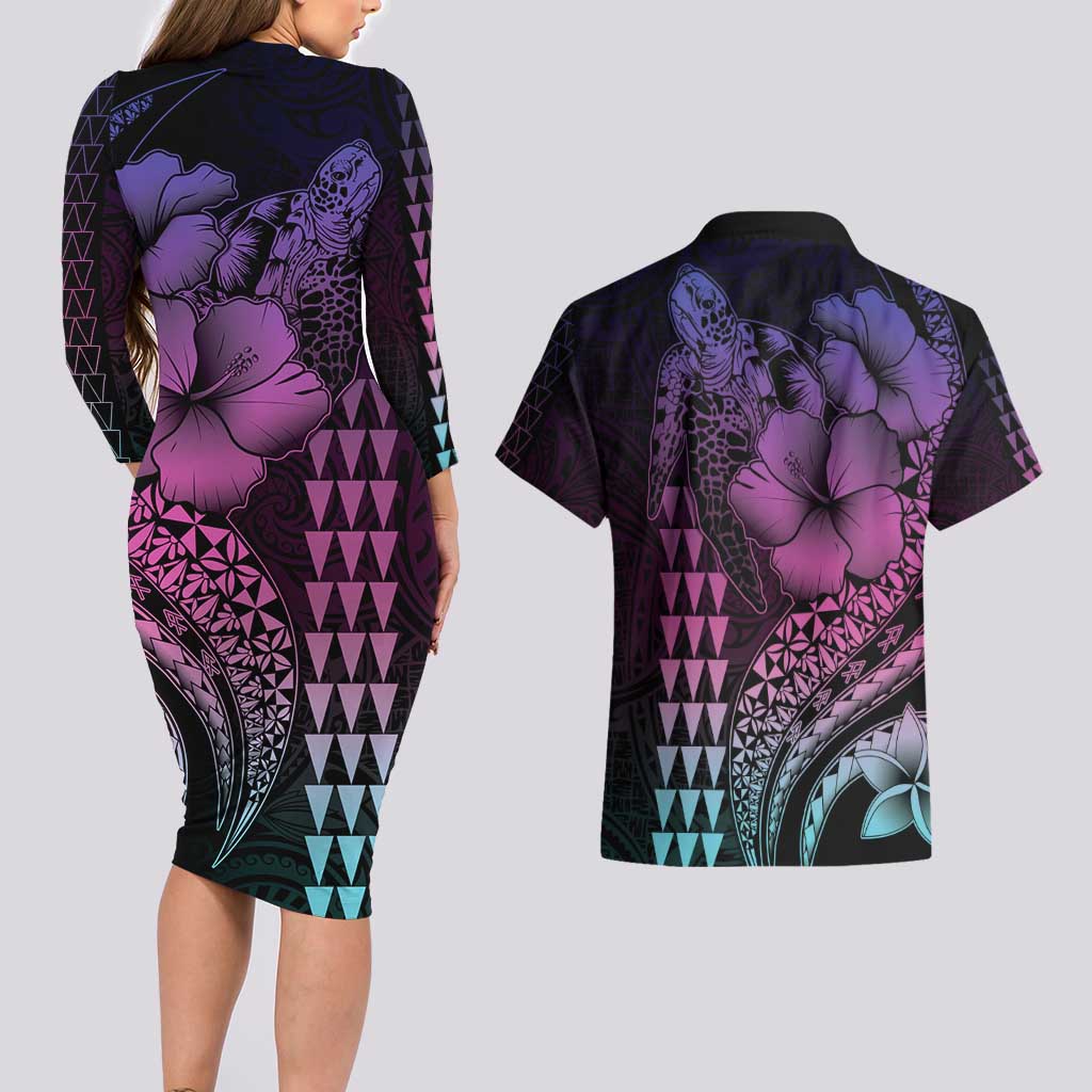 Hawaiian Sea Turtle Couples Matching Long Sleeve Bodycon Dress and Hawaiian Shirt Pink Hibiscus Flowers and Kakau Pattern LT9 - Polynesian Pride