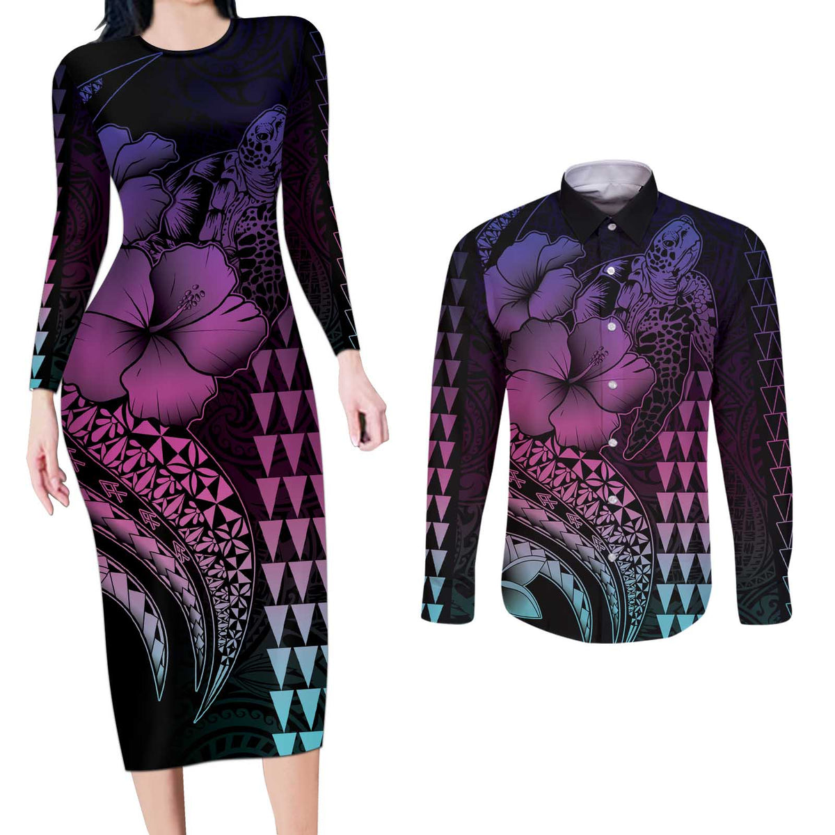 Hawaiian Sea Turtle Couples Matching Long Sleeve Bodycon Dress and Long Sleeve Button Shirt Pink Hibiscus Flowers and Kakau Pattern LT9 Pink - Polynesian Pride