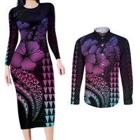 Hawaiian Sea Turtle Couples Matching Long Sleeve Bodycon Dress and Long Sleeve Button Shirt Pink Hibiscus Flowers and Kakau Pattern LT9 Pink - Polynesian Pride