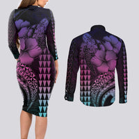 Hawaiian Sea Turtle Couples Matching Long Sleeve Bodycon Dress and Long Sleeve Button Shirt Pink Hibiscus Flowers and Kakau Pattern LT9 - Polynesian Pride