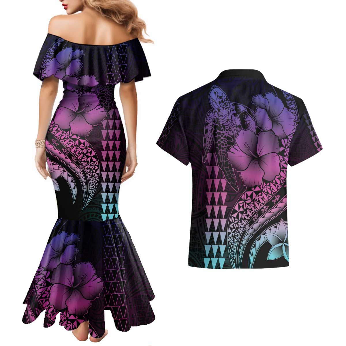 Hawaiian Sea Turtle Couples Matching Mermaid Dress and Hawaiian Shirt Pink Hibiscus Flowers and Kakau Pattern LT9 - Polynesian Pride