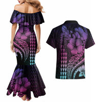 Hawaiian Sea Turtle Couples Matching Mermaid Dress and Hawaiian Shirt Pink Hibiscus Flowers and Kakau Pattern LT9 - Polynesian Pride