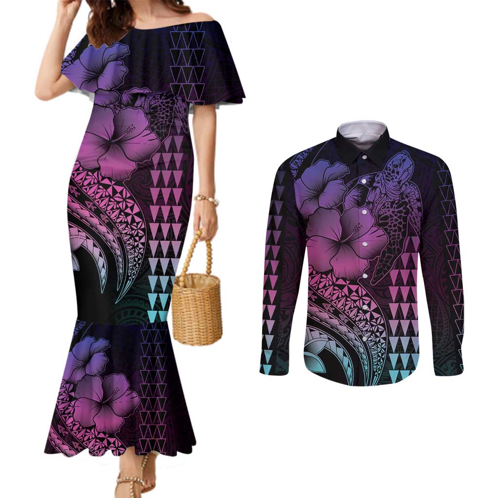 Hawaiian Sea Turtle Couples Matching Mermaid Dress and Long Sleeve Button Shirt Pink Hibiscus Flowers and Kakau Pattern LT9 Pink - Polynesian Pride