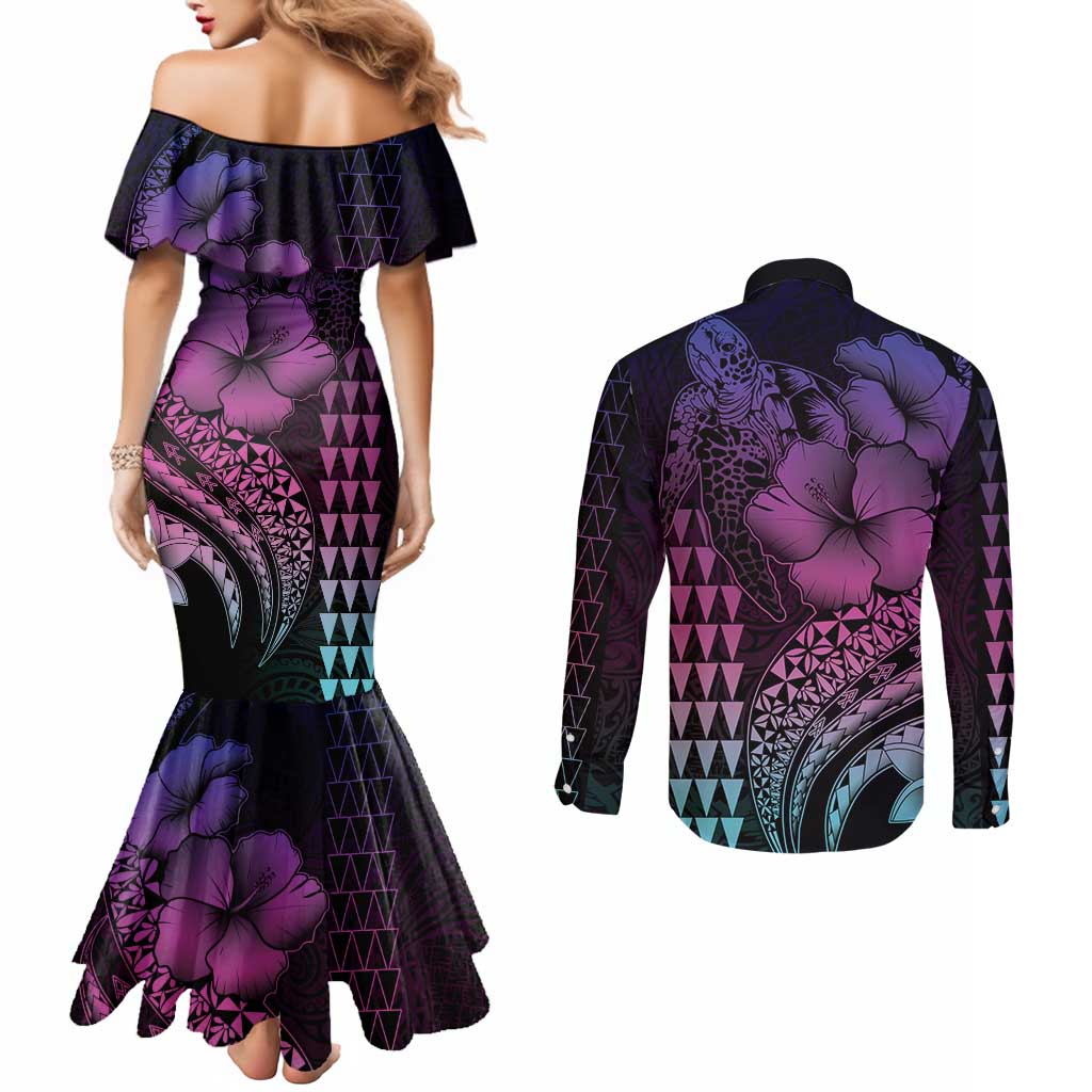 Hawaiian Sea Turtle Couples Matching Mermaid Dress and Long Sleeve Button Shirt Pink Hibiscus Flowers and Kakau Pattern LT9 - Polynesian Pride
