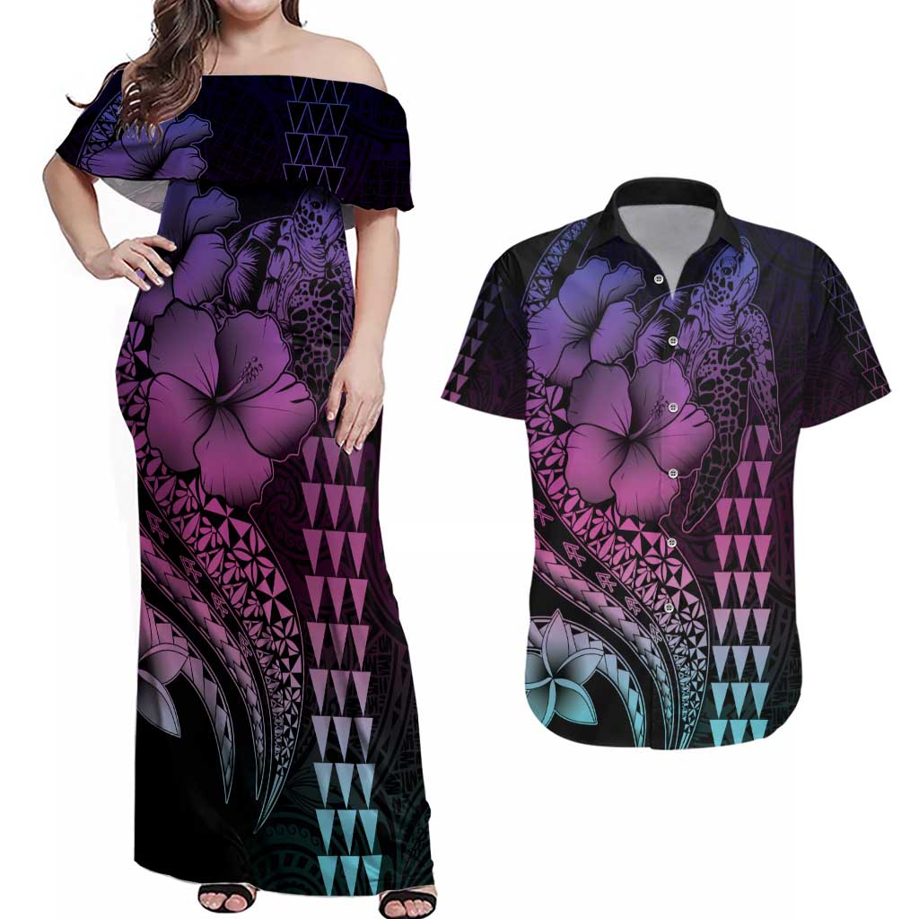 Hawaiian Sea Turtle Couples Matching Off Shoulder Maxi Dress and Hawaiian Shirt Pink Hibiscus Flowers and Kakau Pattern LT9 Pink - Polynesian Pride