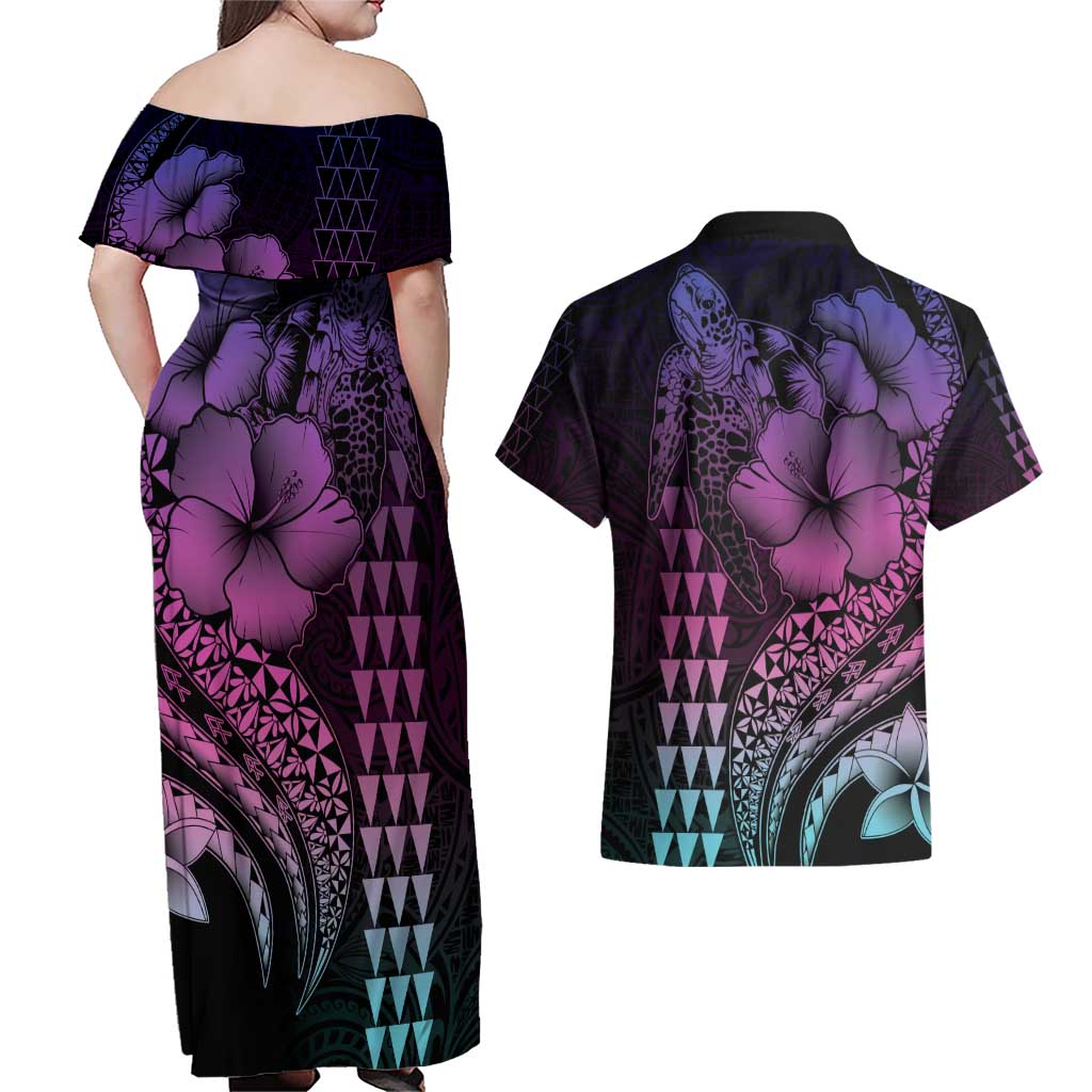 Hawaiian Sea Turtle Couples Matching Off Shoulder Maxi Dress and Hawaiian Shirt Pink Hibiscus Flowers and Kakau Pattern LT9 - Polynesian Pride