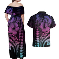 Hawaiian Sea Turtle Couples Matching Off Shoulder Maxi Dress and Hawaiian Shirt Pink Hibiscus Flowers and Kakau Pattern LT9 - Polynesian Pride