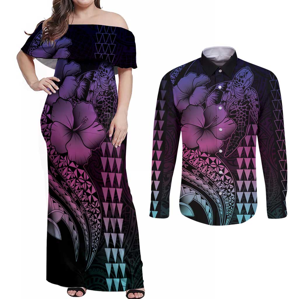 Hawaiian Sea Turtle Couples Matching Off Shoulder Maxi Dress and Long Sleeve Button Shirt Pink Hibiscus Flowers and Kakau Pattern