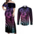 Hawaiian Sea Turtle Couples Matching Off Shoulder Maxi Dress and Long Sleeve Button Shirt Pink Hibiscus Flowers and Kakau Pattern