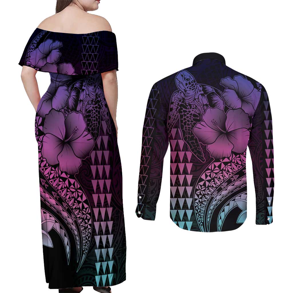 Hawaiian Sea Turtle Couples Matching Off Shoulder Maxi Dress and Long Sleeve Button Shirt Pink Hibiscus Flowers and Kakau Pattern LT9 - Polynesian Pride