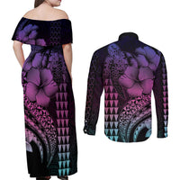 Hawaiian Sea Turtle Couples Matching Off Shoulder Maxi Dress and Long Sleeve Button Shirt Pink Hibiscus Flowers and Kakau Pattern LT9 - Polynesian Pride