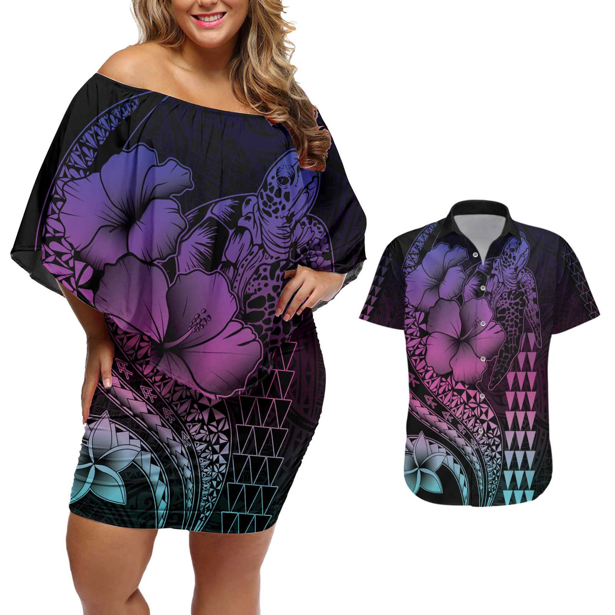 Hawaiian Sea Turtle Couples Matching Off Shoulder Short Dress and Hawaiian Shirt Pink Hibiscus Flowers and Kakau Pattern LT9 Pink - Polynesian Pride