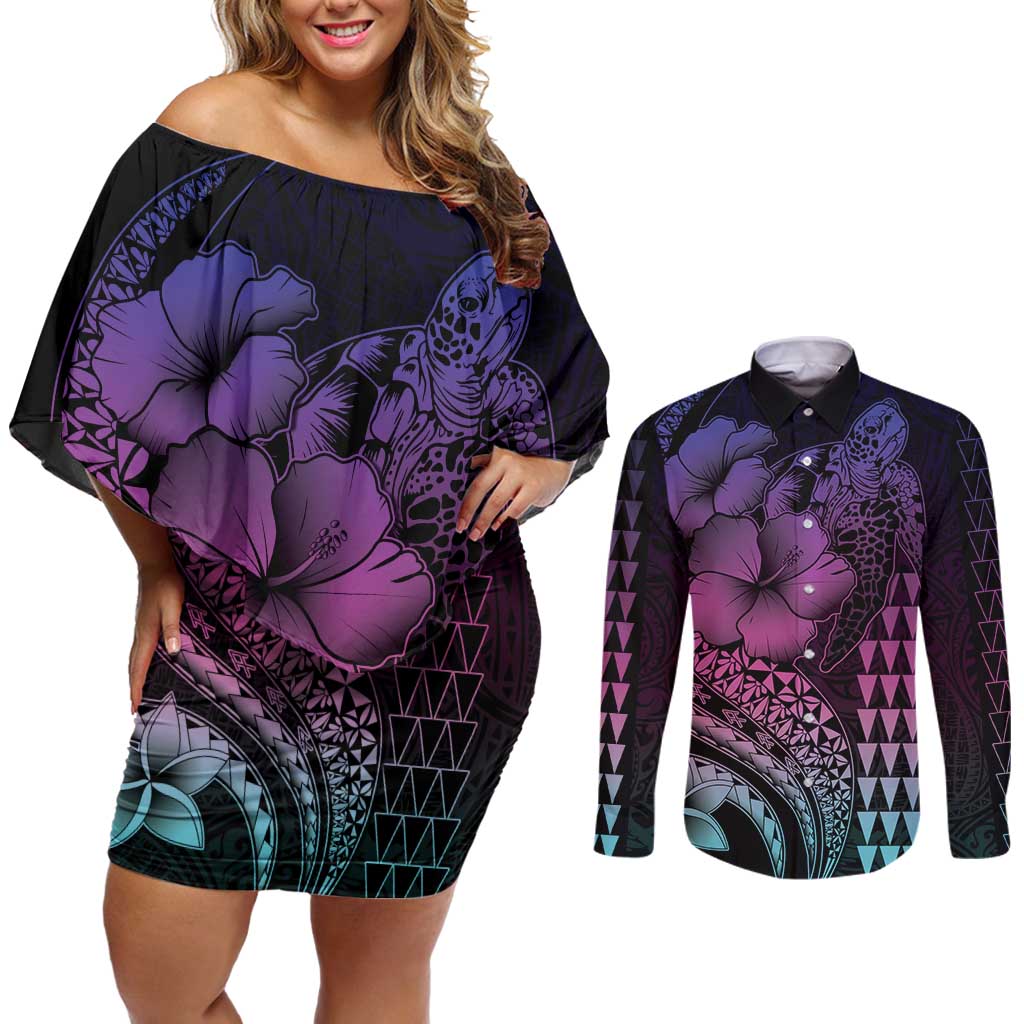 Hawaiian Sea Turtle Couples Matching Off Shoulder Short Dress and Long Sleeve Button Shirt Pink Hibiscus Flowers and Kakau Pattern LT9 Pink - Polynesian Pride