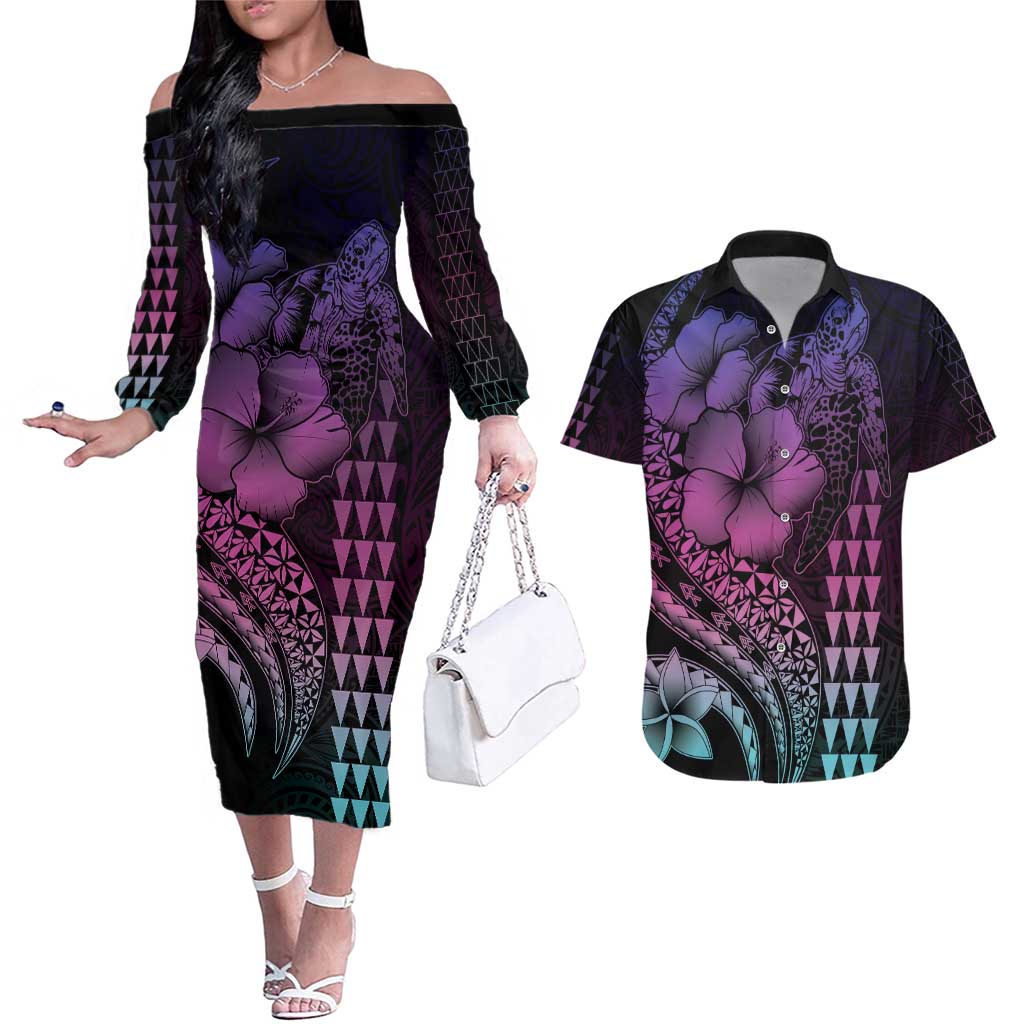Hawaiian Sea Turtle Couples Matching Off The Shoulder Long Sleeve Dress and Hawaiian Shirt Pink Hibiscus Flowers and Kakau Pattern