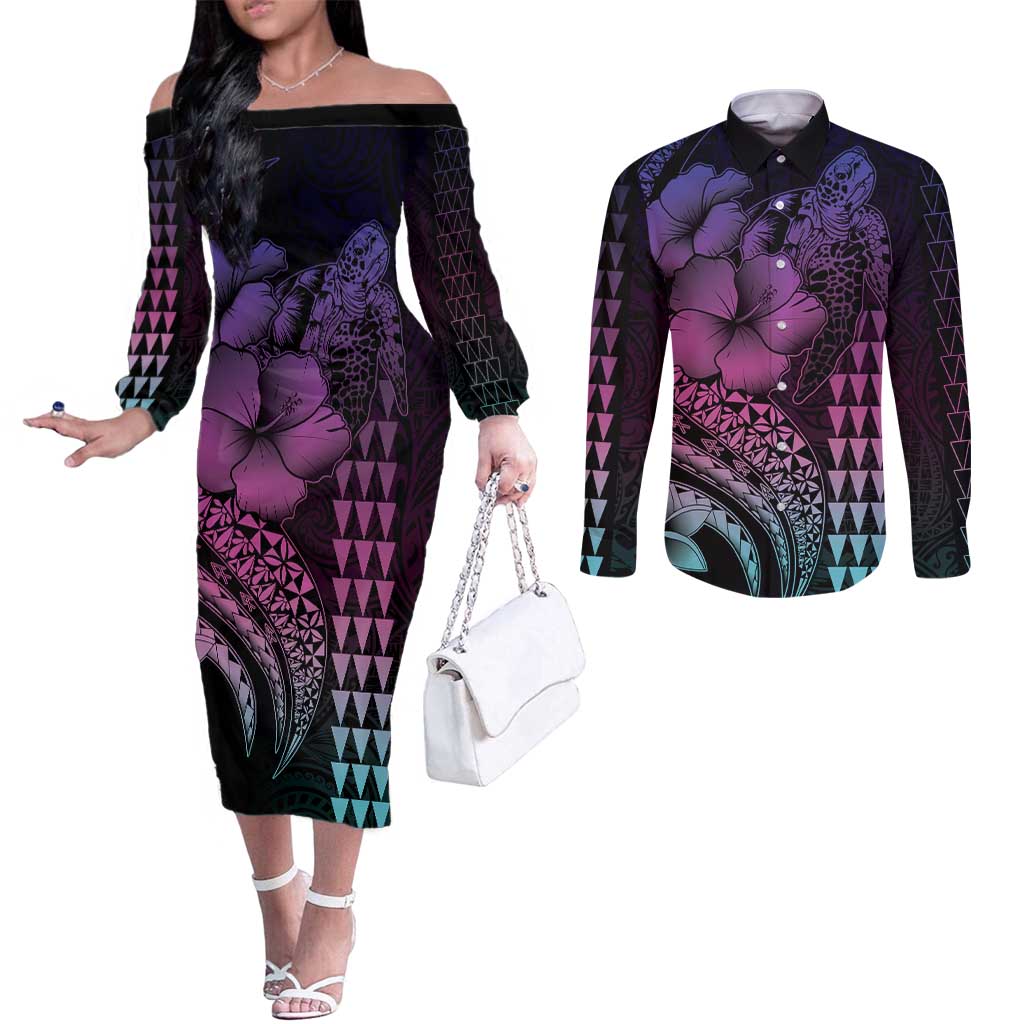 Hawaiian Sea Turtle Couples Matching Off The Shoulder Long Sleeve Dress and Long Sleeve Button Shirt Pink Hibiscus Flowers and Kakau Pattern LT9 Pink - Polynesian Pride