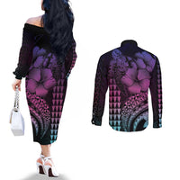 Hawaiian Sea Turtle Couples Matching Off The Shoulder Long Sleeve Dress and Long Sleeve Button Shirt Pink Hibiscus Flowers and Kakau Pattern LT9 - Polynesian Pride
