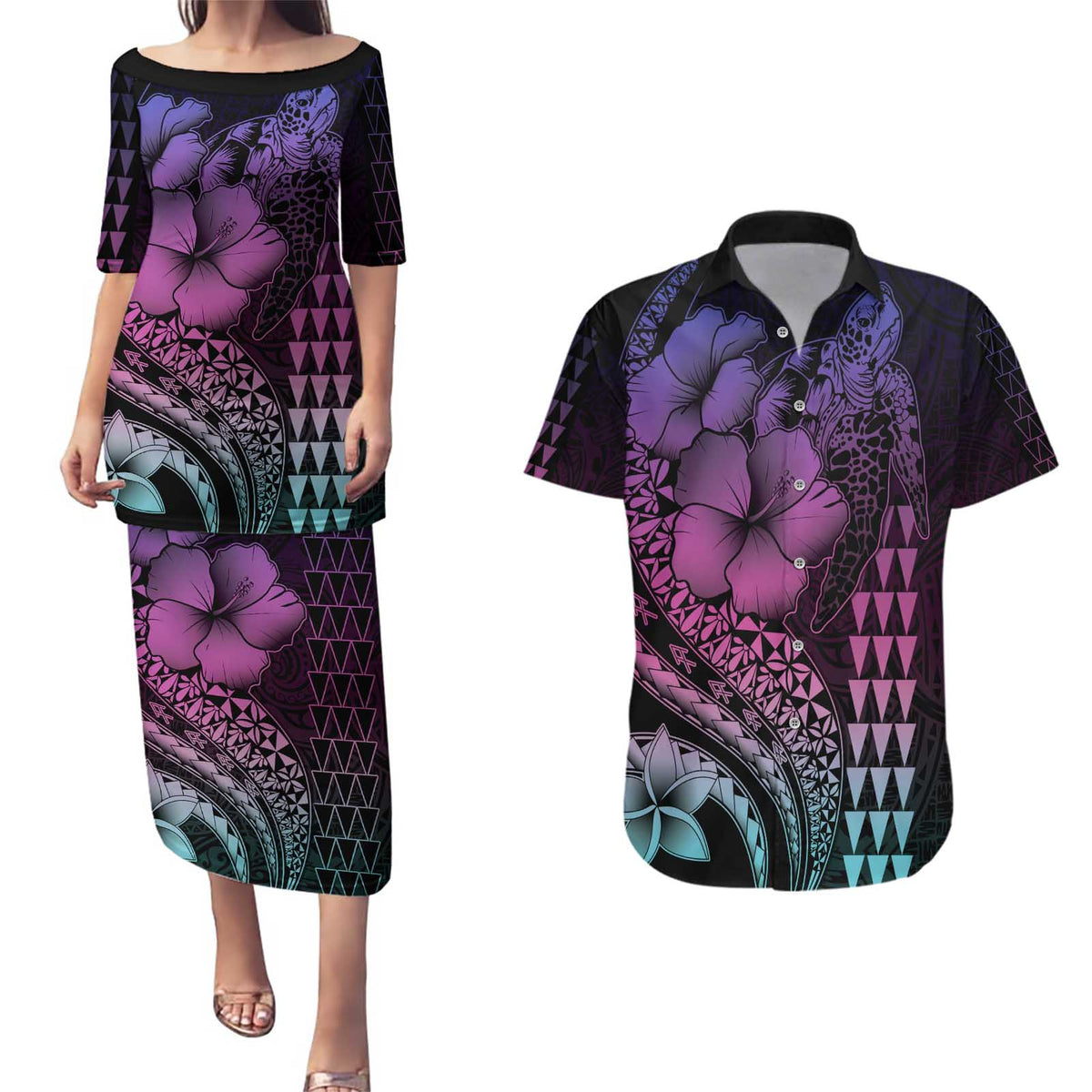 Hawaiian Sea Turtle Couples Matching Puletasi and Hawaiian Shirt Pink Hibiscus Flowers and Kakau Pattern LT9 Pink - Polynesian Pride