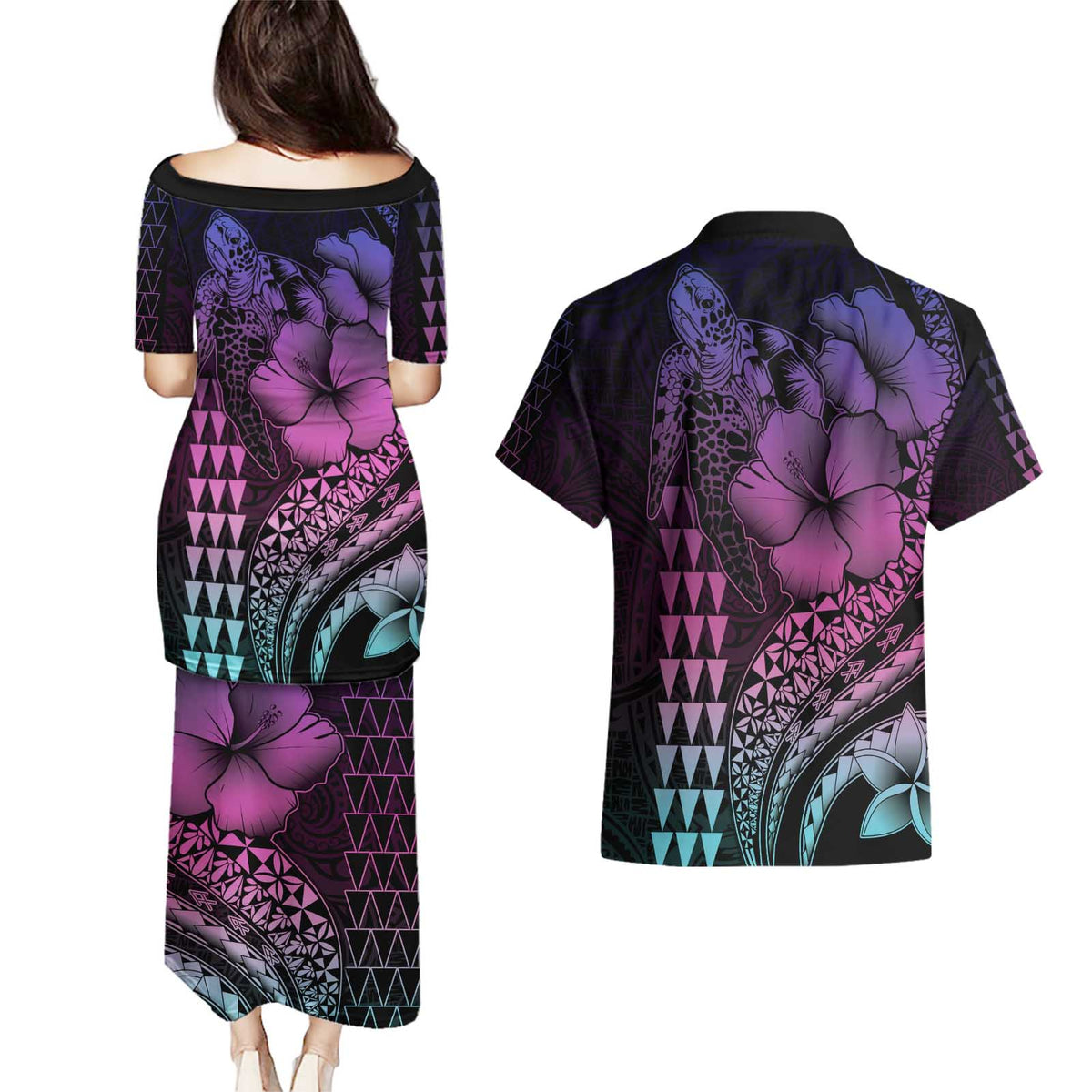 Hawaiian Sea Turtle Couples Matching Puletasi and Hawaiian Shirt Pink Hibiscus Flowers and Kakau Pattern LT9 - Polynesian Pride