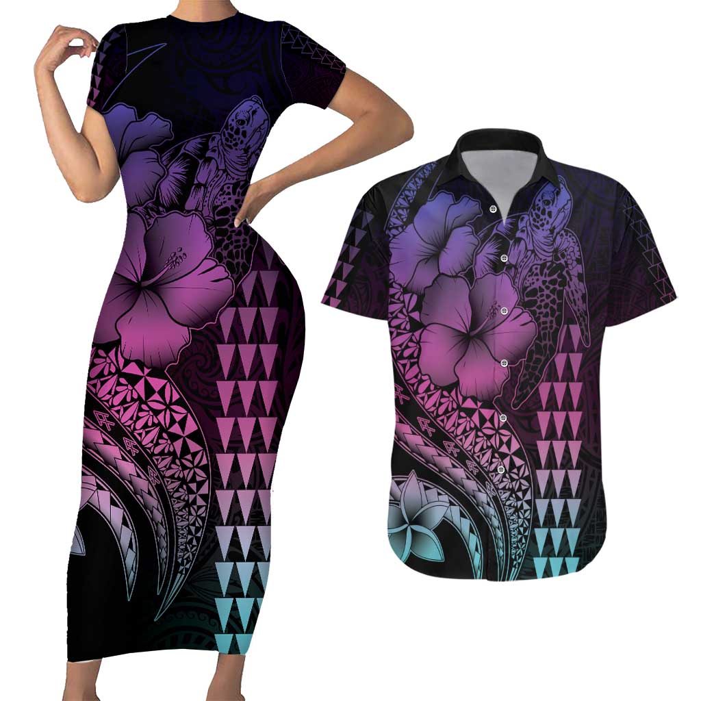 Hawaiian Sea Turtle Couples Matching Short Sleeve Bodycon Dress and Hawaiian Shirt Pink Hibiscus Flowers and Kakau Pattern LT9 Pink - Polynesian Pride