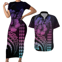 Hawaiian Sea Turtle Couples Matching Short Sleeve Bodycon Dress and Hawaiian Shirt Pink Hibiscus Flowers and Kakau Pattern LT9 Pink - Polynesian Pride