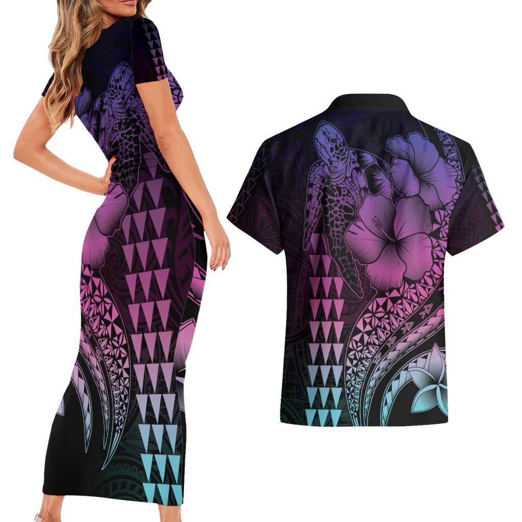 Hawaiian Sea Turtle Couples Matching Short Sleeve Bodycon Dress and Hawaiian Shirt Pink Hibiscus Flowers and Kakau Pattern LT9 - Polynesian Pride