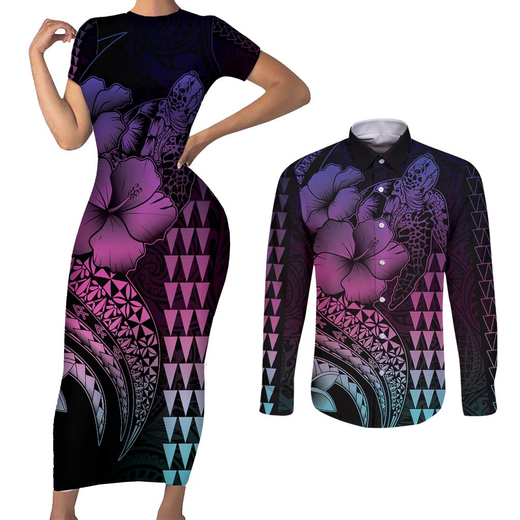 Hawaiian Sea Turtle Couples Matching Short Sleeve Bodycon Dress and Long Sleeve Button Shirt Pink Hibiscus Flowers and Kakau Pattern LT9 Pink - Polynesian Pride