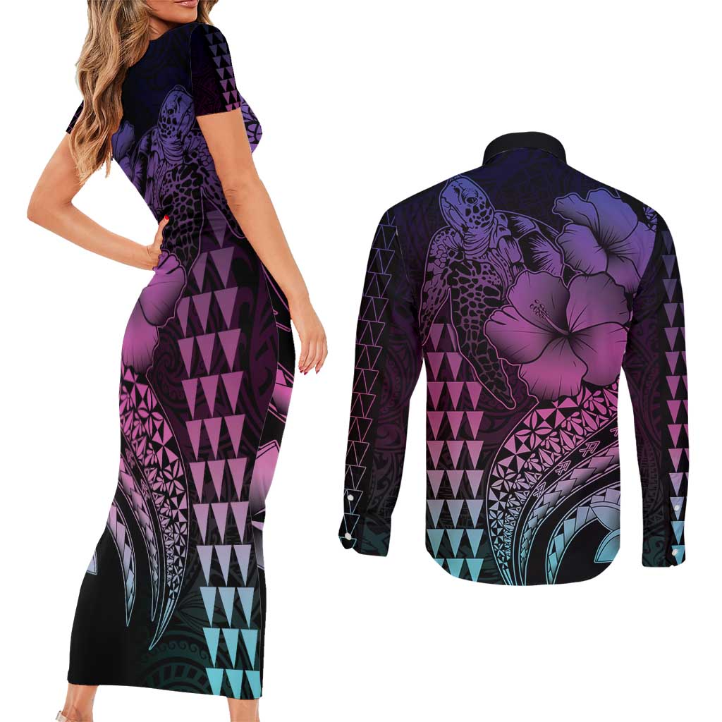Hawaiian Sea Turtle Couples Matching Short Sleeve Bodycon Dress and Long Sleeve Button Shirt Pink Hibiscus Flowers and Kakau Pattern LT9 - Polynesian Pride