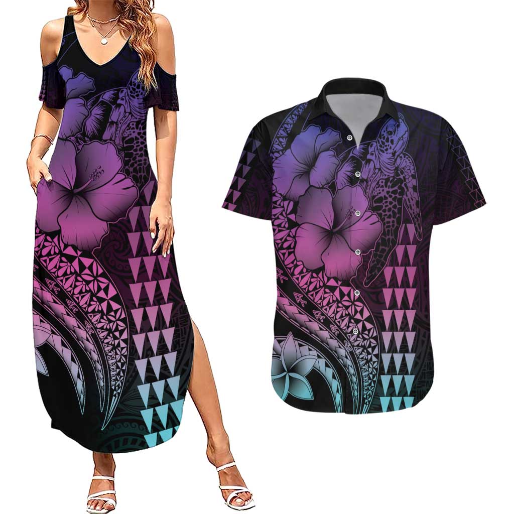 Hawaiian Sea Turtle Couples Matching Summer Maxi Dress and Hawaiian Shirt Pink Hibiscus Flowers and Kakau Pattern LT9 Pink - Polynesian Pride
