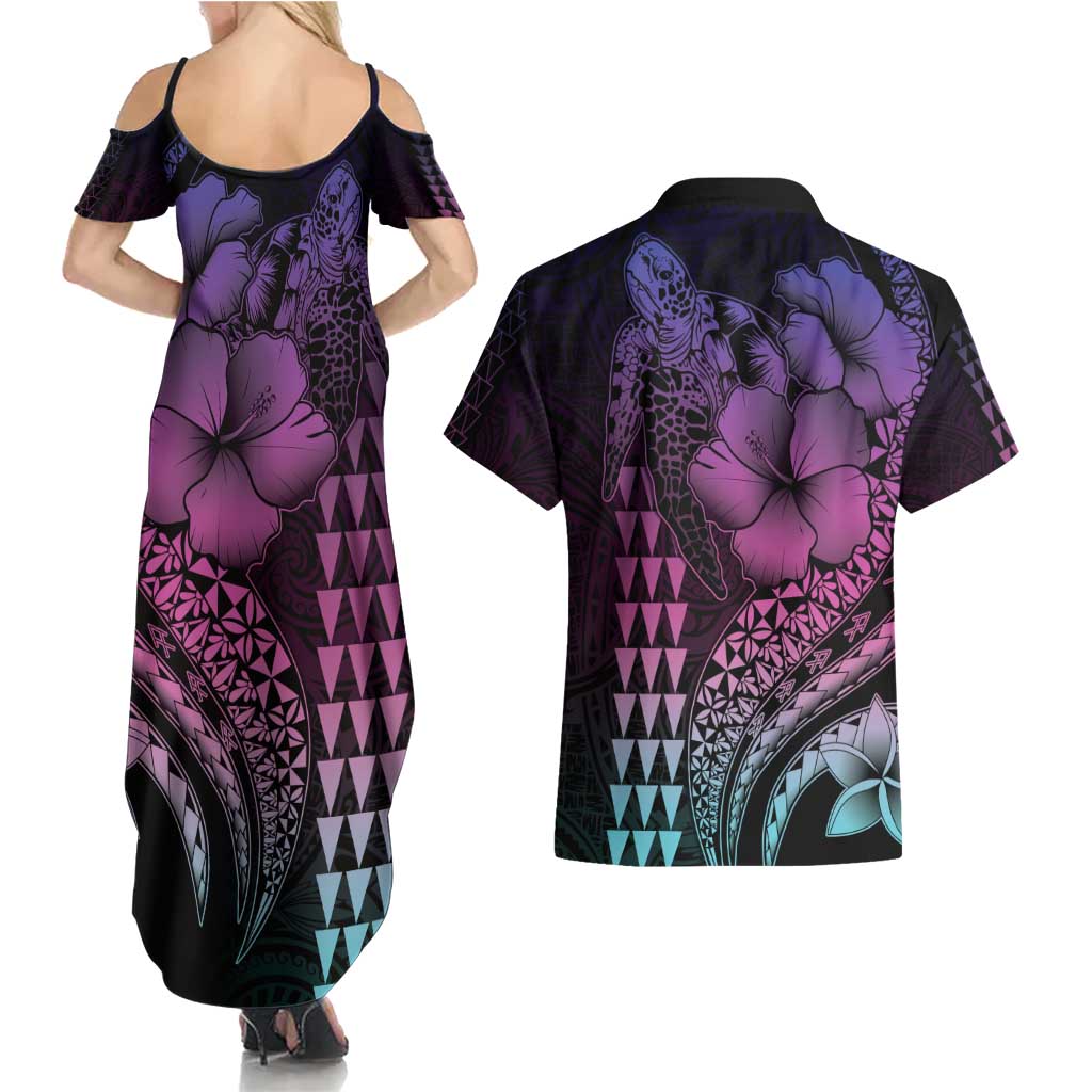 Hawaiian Sea Turtle Couples Matching Summer Maxi Dress and Hawaiian Shirt Pink Hibiscus Flowers and Kakau Pattern LT9 - Polynesian Pride