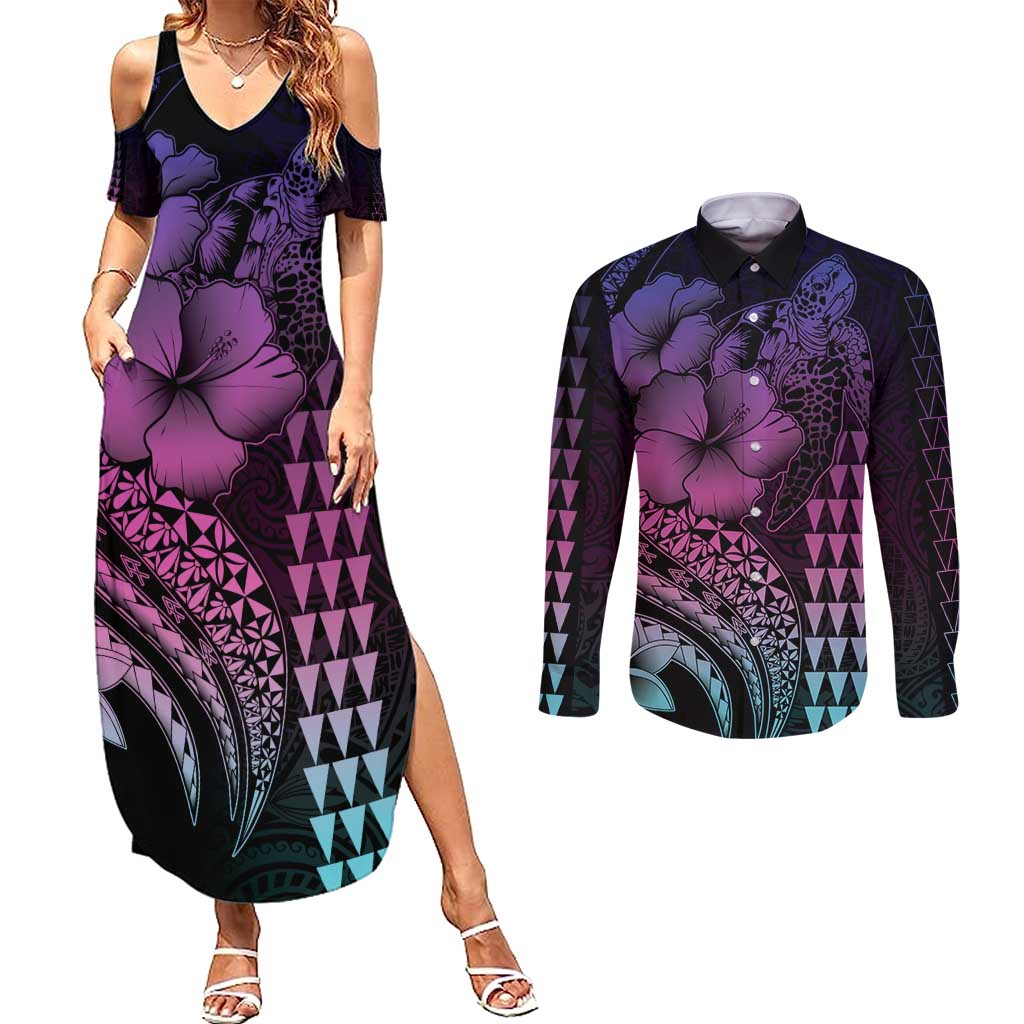 Hawaiian Sea Turtle Couples Matching Summer Maxi Dress and Long Sleeve Button Shirt Pink Hibiscus Flowers and Kakau Pattern LT9 Pink - Polynesian Pride