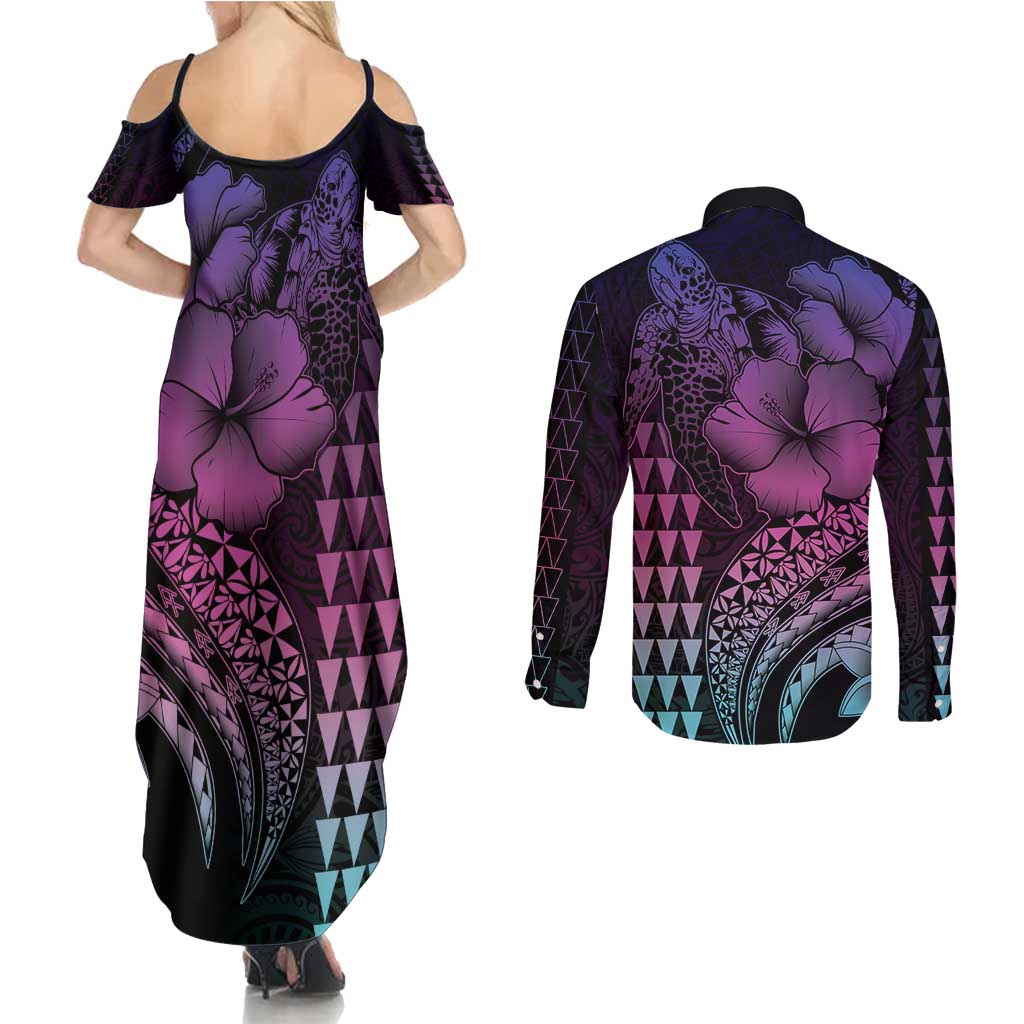 Hawaiian Sea Turtle Couples Matching Summer Maxi Dress and Long Sleeve Button Shirt Pink Hibiscus Flowers and Kakau Pattern LT9 - Polynesian Pride