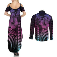 Hawaiian Sea Turtle Couples Matching Summer Maxi Dress and Long Sleeve Button Shirt Pink Hibiscus Flowers and Kakau Pattern LT9 - Polynesian Pride