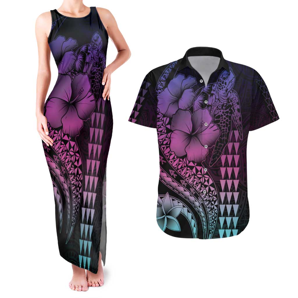Hawaiian Sea Turtle Couples Matching Tank Maxi Dress and Hawaiian Shirt Pink Hibiscus Flowers and Kakau Pattern LT9 Pink - Polynesian Pride