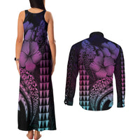 Hawaiian Sea Turtle Couples Matching Tank Maxi Dress and Long Sleeve Button Shirt Pink Hibiscus Flowers and Kakau Pattern LT9 - Polynesian Pride