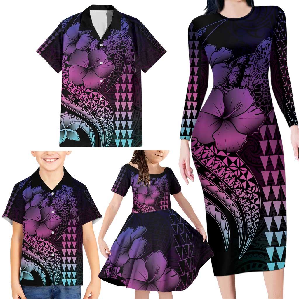 Hawaiian Sea Turtle Family Matching Long Sleeve Bodycon Dress and Hawaiian Shirt Pink Hibiscus Flowers and Kakau Pattern LT9 - Polynesian Pride