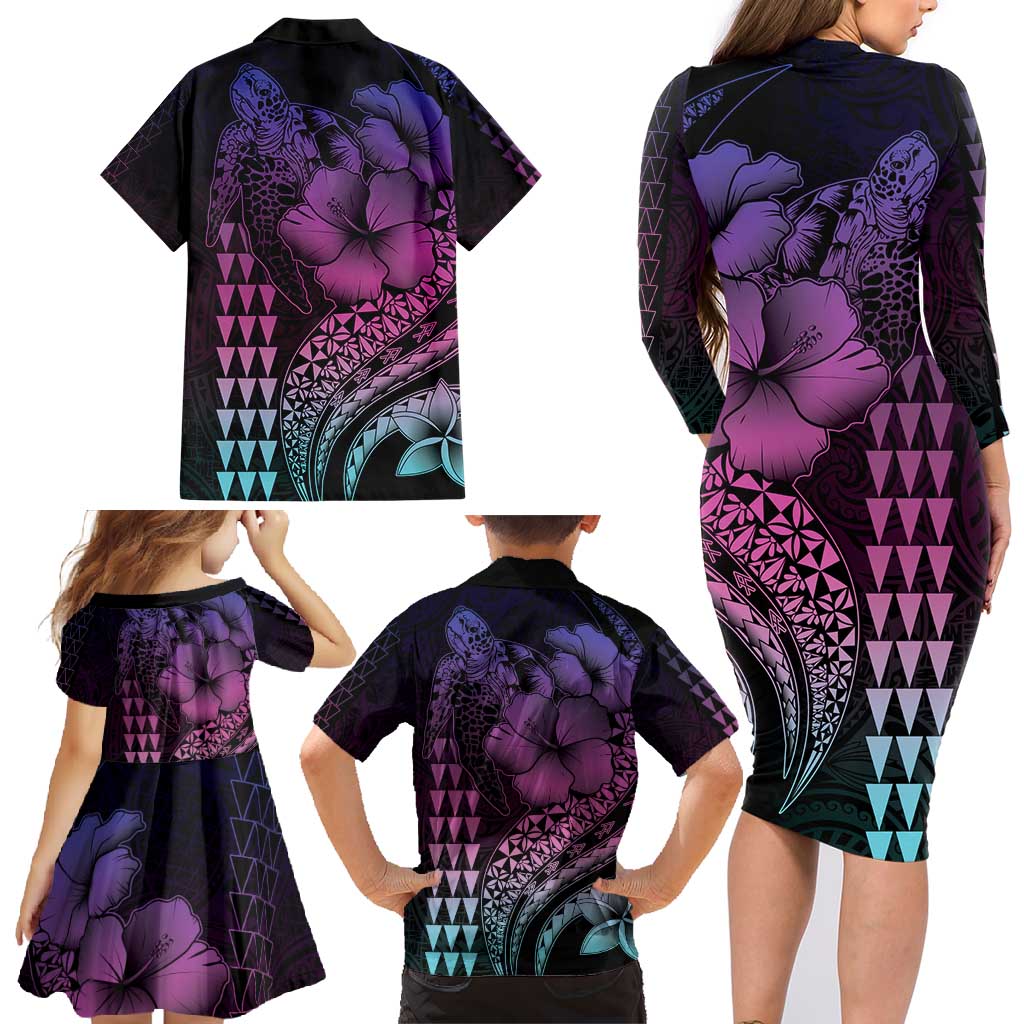 Hawaiian Sea Turtle Family Matching Long Sleeve Bodycon Dress and Hawaiian Shirt Pink Hibiscus Flowers and Kakau Pattern LT9 - Polynesian Pride