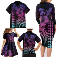 Hawaiian Sea Turtle Family Matching Long Sleeve Bodycon Dress and Hawaiian Shirt Pink Hibiscus Flowers and Kakau Pattern LT9 - Polynesian Pride